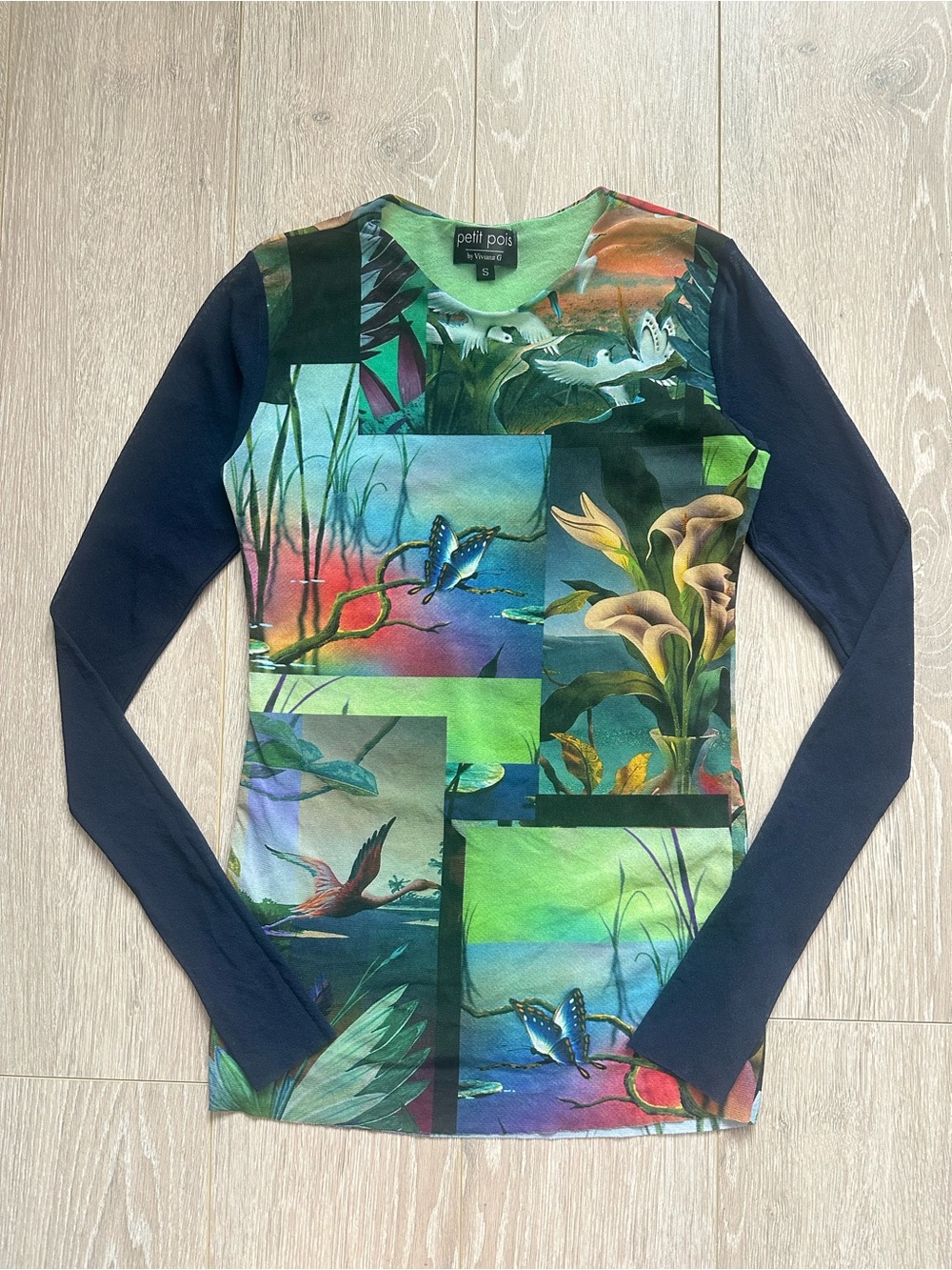 Petit Pois By Viviana G Y2K Printed Mesh Long Sleeve Top Floral Butterfly Sz S